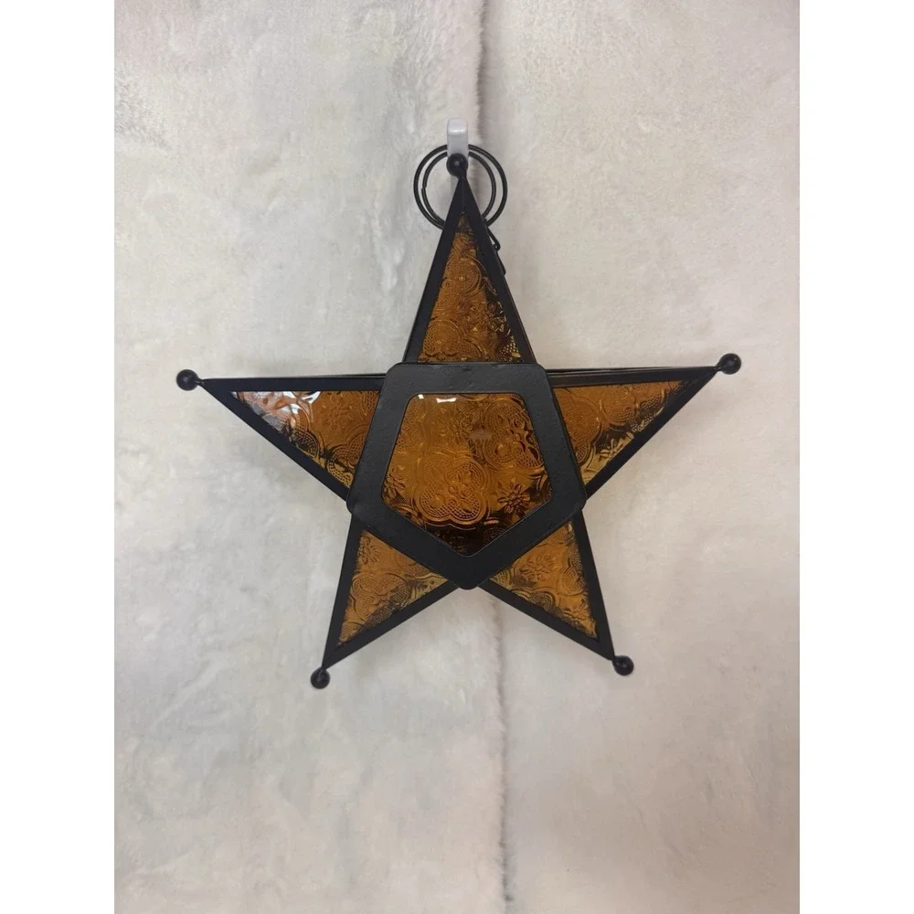 VTG Moroccan Star Style Amber Glass Metal Hanging Tea Light Candle Lantern 9.5